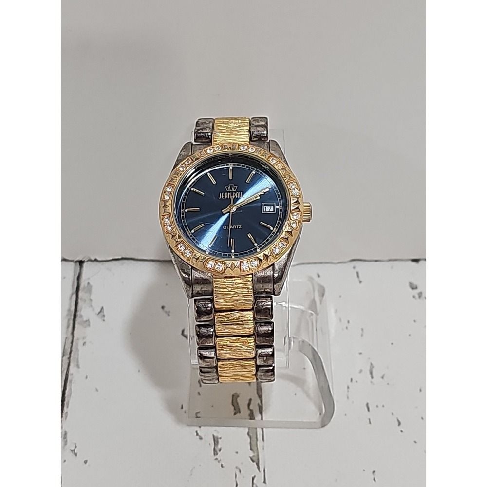 Vintage Jean Paul Watch Gemmed Bezel Silver & Gold Tone Day/Date